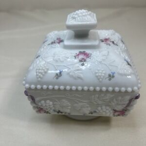 Westmoreland Milk Glass Hand painted Roses And Grapes Compote Candy Dish W/ Lid